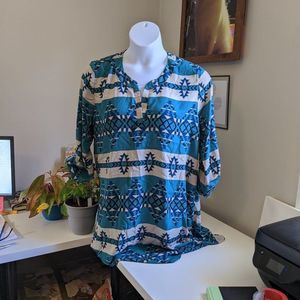 Blue, Teal Aztec Tunic Top - Size 3XL